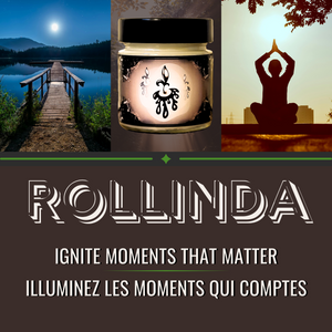 Serenity Collection soy candles with a peaceful cabin, sunrise yoga, and text 'ROLLINDA Ignite Moments That Matter | Illuminez Les Moments Qui Comptes.' Promotes relaxation and stress relief.