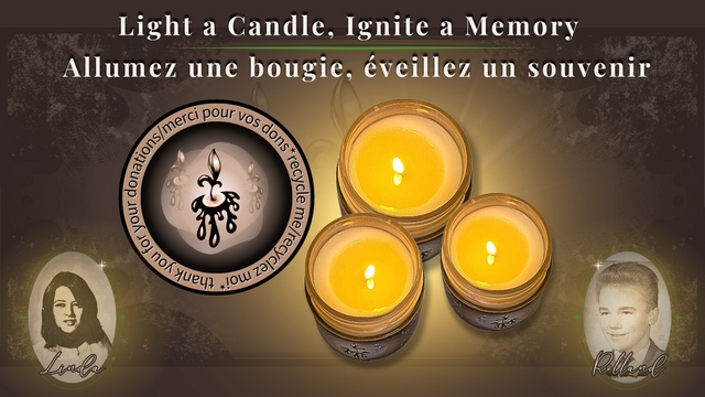 Fundraiser banner featuring three lit candles with the message 'Light a Candle, Ignite a Memory' in English and French. The central logo of a candle is surrounded by a 'thank you' message in a circular design, accompanied by memorial images of individuals on either side.